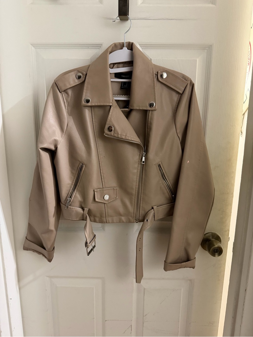 Faux Leather Moto Jacket in Taupe